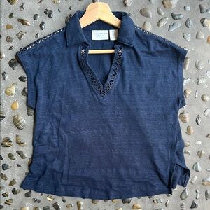 Calypso St. Barth 100% Linen Top Navy Blue V-Neck Blouse S